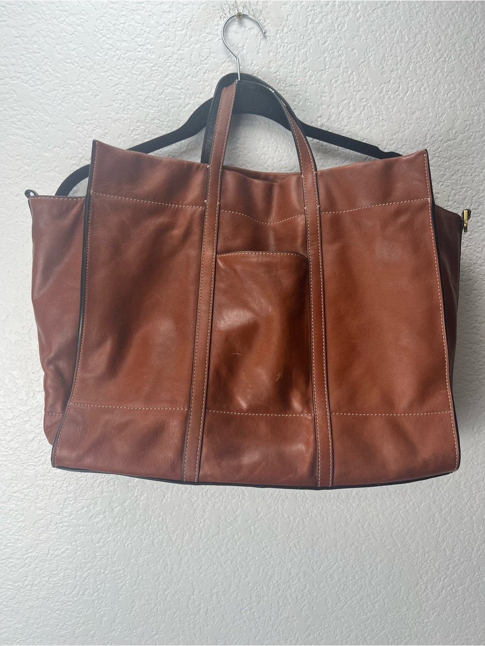 Fossil Large Cognac Brown Genuine Leather Tote Bag Oversized Work Shopper